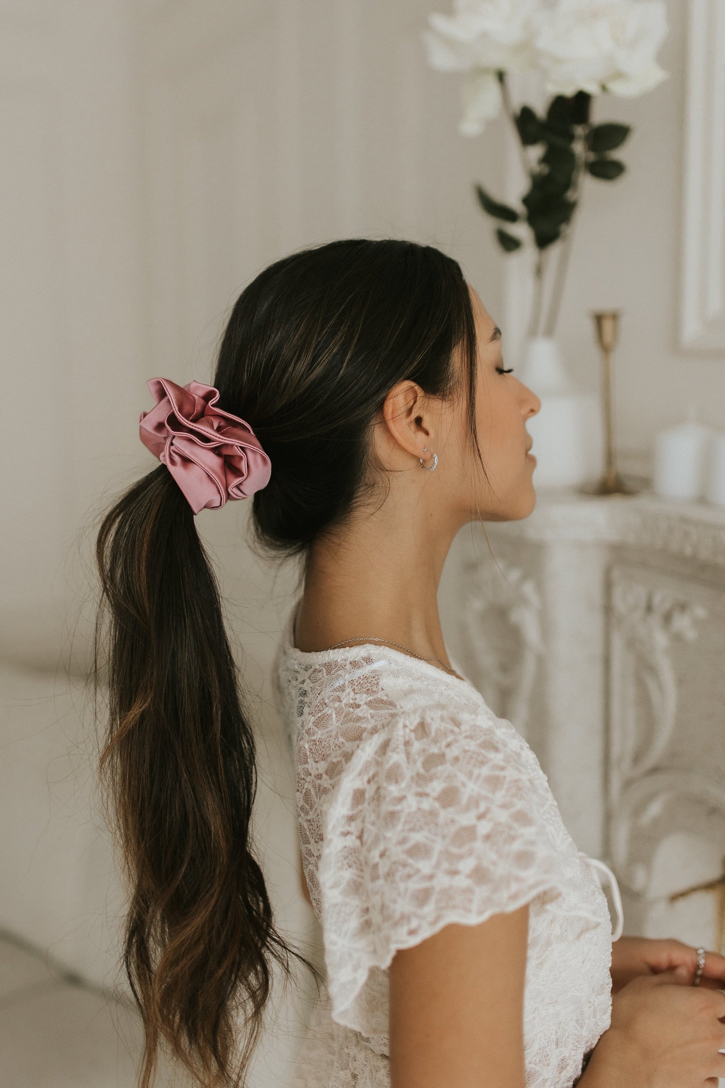Chouchou à volants - Satin rose vintage